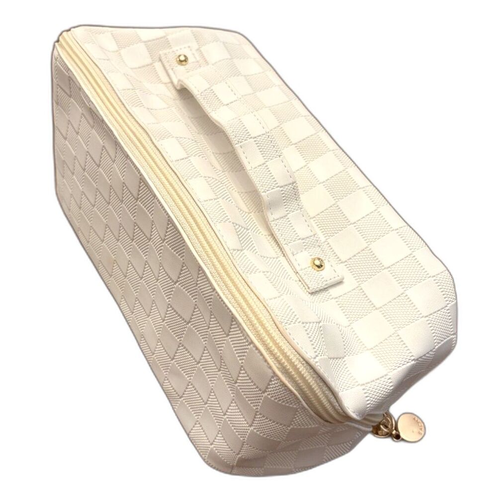 White Faux Leather Checkered Multi-Compartment Lay Flat Cosmetic Case